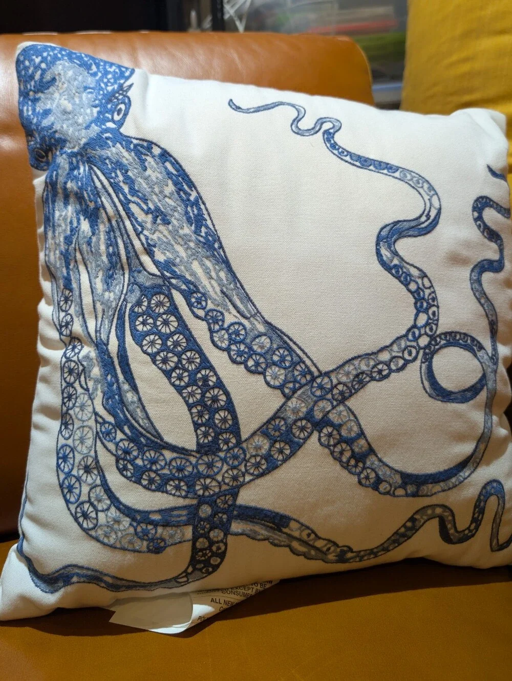 🌊⚓ NWT Pier 1 Embroidered Giant Octopus Pillow In Navy, Lt/Dk Blue & White